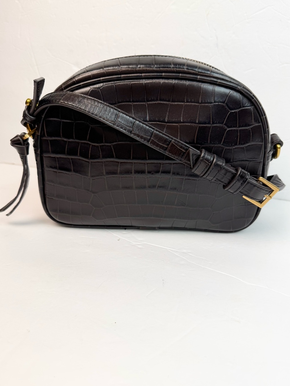 J Crew Devon Brown Croc-Embossed Leather Camera Crossbody.